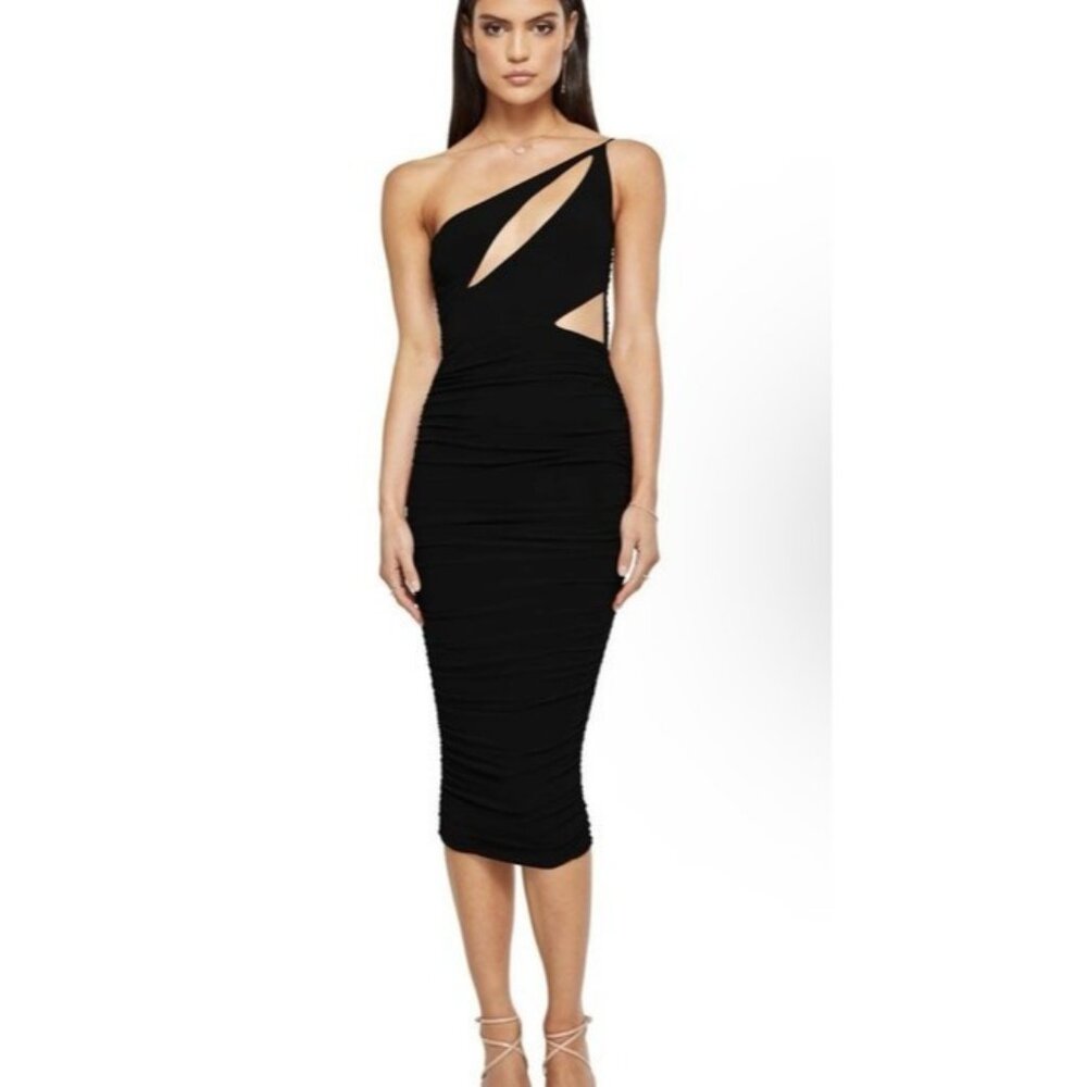 Nookie Envy Midi Dress Black XS Cut Out Stretch Ruched Rose Gold Zipper NEW